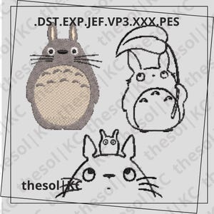 May include: Three embroidery designs featuring the character Totoro. One is a full-color design, while the other two are line drawings. The text ".DST.EXP.JEF.VP3.XXX.PES" and "thesol KC" are also visible.