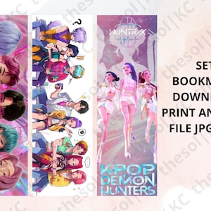 以下が含まれることがあります： K-POPをテーマにしたイラストが描かれた3つのブックマークのセット。1つのブックマークにはアニメ風のキャラクター、もう1つにはK-POPアイドル、3つ目にはアニメ風のキャラクターが描かれています。「K-Pop Demon Hunters」の文字が見えます。印刷してカットできます。