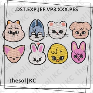 May include: Nine embroidered patches featuring cartoon animal faces. The animals include a fox, a bunny, a chick, a pig, a cat, a dog, a bear, and a wolf. The patches are all white with black outlines and have different coloured accents.