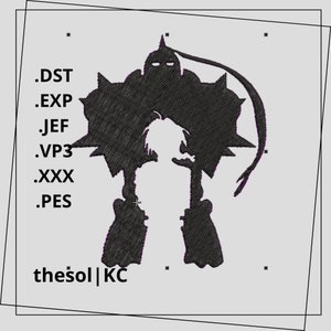 Può includere: Design di ricamo a silhouette in bianco e nero di un personaggio in piedi di fronte a un grande robot. Il design include il testo ".DST .EXP .JEF .VP3 .XXX .PES thesol|KC".