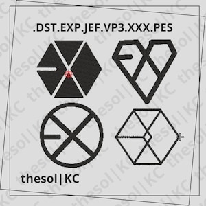 May include: Four different black and white embroidered designs of the EXO logo. The logos are in the shape of a hexagon, a heart, a circle, and a hexagon with a diamond in the center.