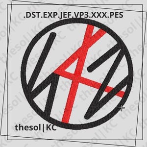 May include: Black and red embroidered logo with the text ".DST.EXP.JEF.VP3.XXX.PES" and the text "thesol|KC" at the bottom.