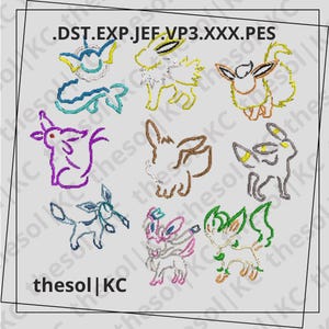 Può includere: Nove colorati disegni ricamati di personaggi dei cartoni animati su sfondo grigio chiaro. I personaggi sono delineati in vari colori, tra cui giallo, blu, viola, marrone e verde. Il testo ".DST.EXP.JEF.VP3.XXX.PES" è in alto e "thesol|KC" in basso.