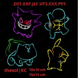 May include: Four colorful cartoon Pokemon characters on a black background. The characters are a purple Gengar, a blue Squirtle, a green Bulbasaur, and a yellow Pikachu. The text "thesol|KC 10x10 cm 15x15 cm" is at the bottom of the image.