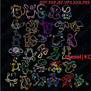 May include: A black background features colorful embroidered cartoon characters in various poses. The characters are outlined in a variety of colors, including yellow, pink, blue, purple, and green. The text "thesol | KC" is visible.