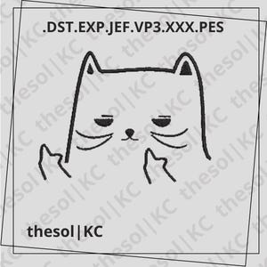 May include: A black and white illustration of a cat with a grumpy expression, giving the middle finger. The text on the image includes file extensions and the words "thesol|KC".