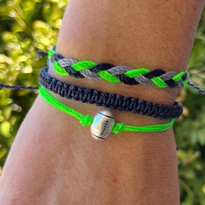 Navy Blue and Neon Green Football Bead Charm Macrame and Braided Bracelet Stack  - Seattle Seahawks Colors  - Navy Blue  • Neon Gree • Gray