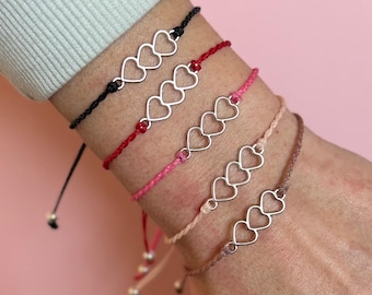 Silver Three of Hearts Charm Bracelet - Brazilian Waxed Cord