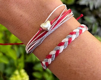 I Heart the Buckeyes • Scarlet and Gray Braided and Heart Bead Bracelet Stack - Ohio State Colors - Red • Gray • White