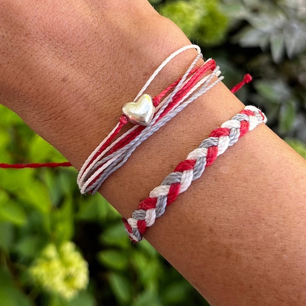 I Heart the Buckeyes • Scarlet and Gray Braided and Heart Bead Bracelet Stack - Ohio State Colors - Red • Gray • White