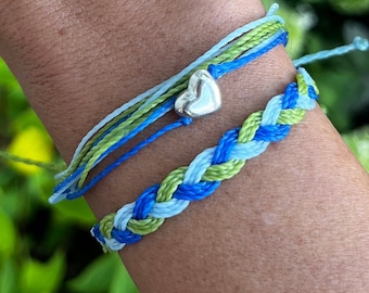 Give the Gift of Life • Donate Life Charity Braided and Heart Bead Bracelet Stack - Green • Light Blue • Blue