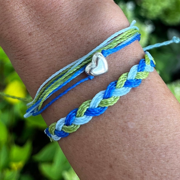 Give the Gift of Life • Donate Life Charity Braided and Heart Bead Bracelet Stack - Green • Light Blue • Blue