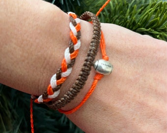 Orange and Brown Football Bead Charm Macrame and Braided Bracelet Stack  - Cleveland Browns Colors  Colors - Orange • Brown • White