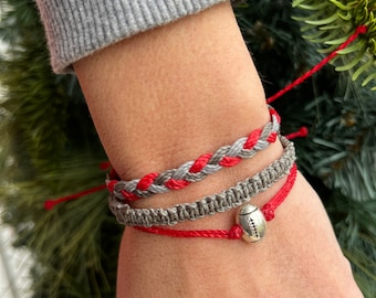 Scarlet and Gray Football Bead Charm  Macrame and Braided Bracelet Stack- Ohio State Colors - Red • Gray