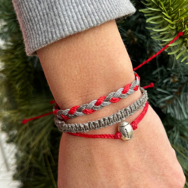 Scarlet and Gray Football Bead Charm  Macrame and Braided Bracelet Stack- Ohio State Colors - Red • Gray