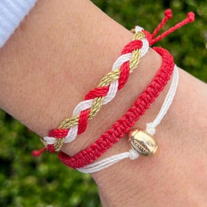 Gold Football Bead Charm Macrame and Braided Bracelet Stack • San Francisco 49ers Colors • Red • Gold • White