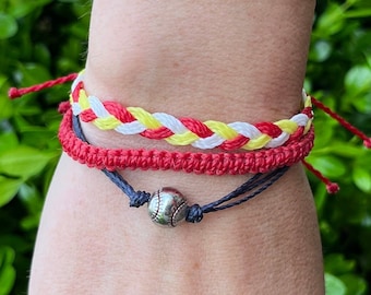St Louis Cardinals Bracelet Stack: Baseball Charm, Macrame Braided Cord