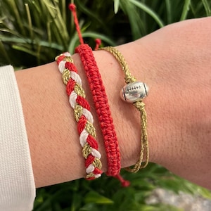Silver Football Bead Charm Macrame and Braided Bracelet Stack  - San Francisco 49ers Colors - Red • Gold • White
