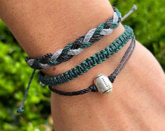Silver Football Bead Charm Macrame and Braided Bracelet Stack • Philadelphia Eagles Colors • Dark Green • Black • Gray