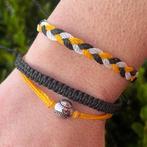 Pittsburgh Pirates Baseball Themed Bracelet Stack • Black and Gold Baseball Silver Bead Charm Macrame and Braided Bracelet Stack
