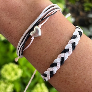 Braided and Heart Bead Bracelet Stack - Light Pink • Black • White