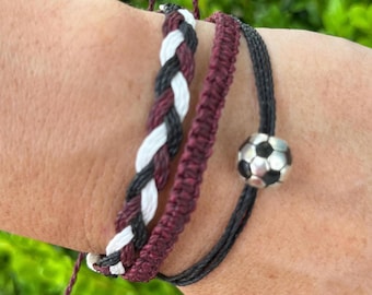Silver soccer bead bracelet stack • maroon, black and white