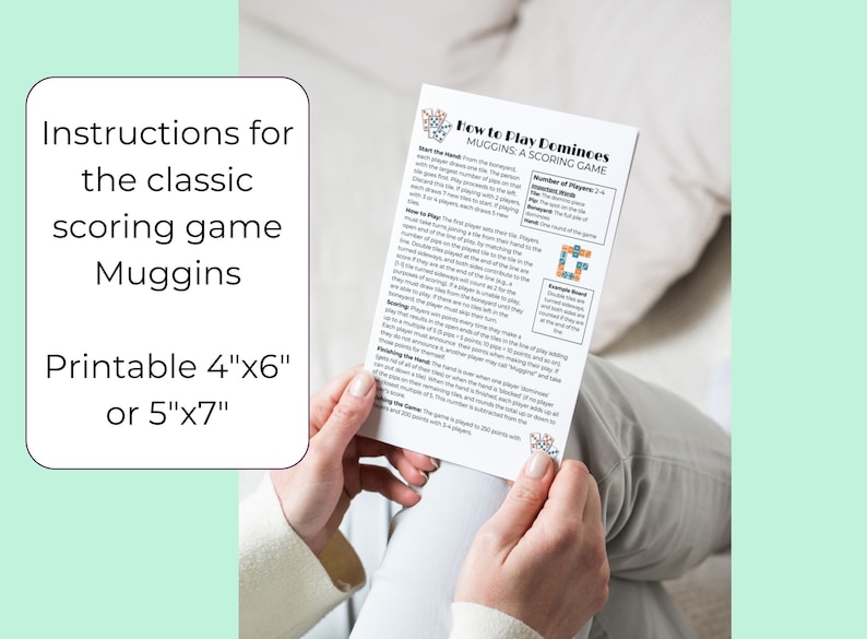 Mockup of the domino instructions for Muggins showing size of printable, fits nicely into hand