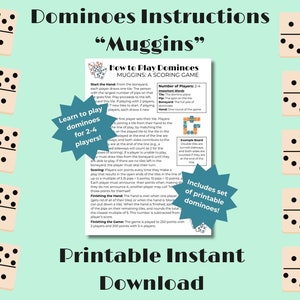 How to play dominoes game Muggins, game for two to four players, includes set of printable dominoes, printable instant download