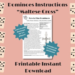 Pode incluir: Instruções imprimíveis para um jogo de dominó chamado "Maltese Cross". As instruções incluem um diagrama do tabuleiro de jogo e um conjunto de dominós imprimíveis. As instruções são escritas em azul turquesa sobre um fundo branco com uma borda rosa.