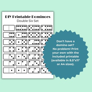 Listing includes set of printable dominoes, a double six and nine set of 55 total tiles, available in 8.5 by 11 inch paper, or A4paper