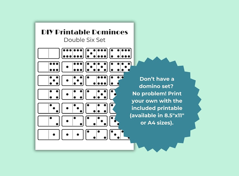 Listing includes set of printable dominoes, a double six and nine set of 55 total tiles, available in 8.5 by 11 inch paper, or A4paper