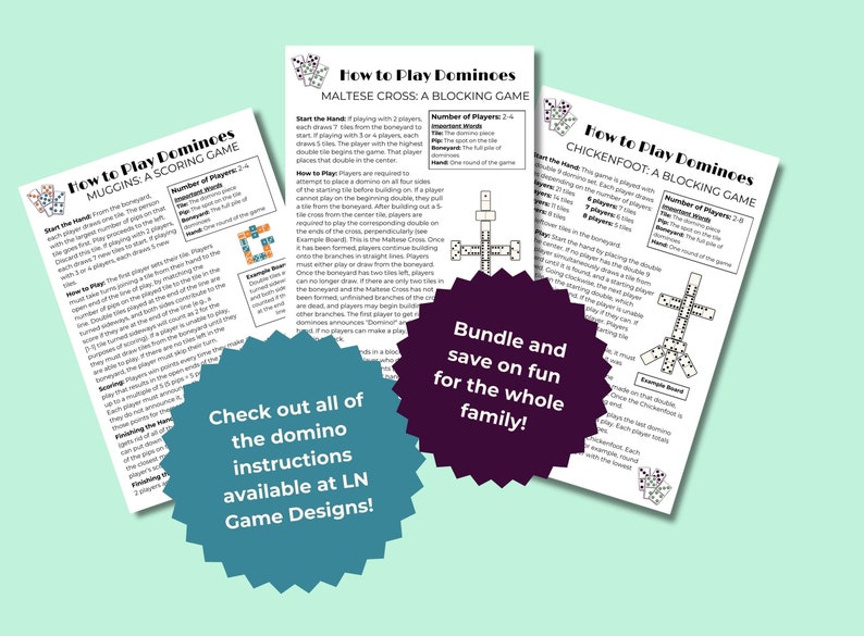 Image of three sets of domino instructions for Muggins, Maltese Cross, and Chickenfoot available at LN Game Designs