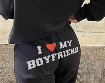 Amo a mi novio pantalones de chándal negros, sudores cómodos estilo Y2K, perfectos para regalos de Navidad o cumpleaños, regalo único para ella