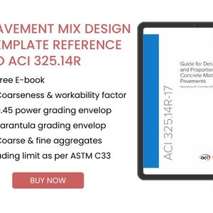 May include: A digital tablet displaying a guide for designing and proportioning concrete mixes for pavements, according to ACI 325.14R-17. The guide includes tables, charts, and graphs. The tablet is on a white background.