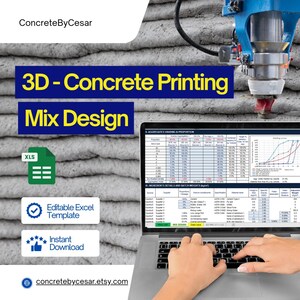 Könnte beinhalten: Ein Laptop-Computer, auf dem eine Excel-Tabelle mit einer 3D-Betondruck-Mischdesign-Vorlage angezeigt wird. Die Tabelle enthält Spalten für die Aggregat-Klassierung, den Anteil und die Chargengewichte. Der Laptop ist geöffnet und eine Hand tippt auf die Tastatur. Das Bild zeigt auch einen 3D-Betondrucker im Hintergrund.