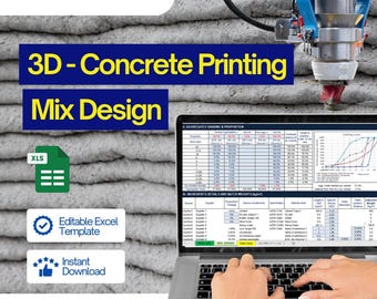 3D Concrete Printing Mix Design Excel Template | Editable Grading Chart, Material Calculator, and Guidebook