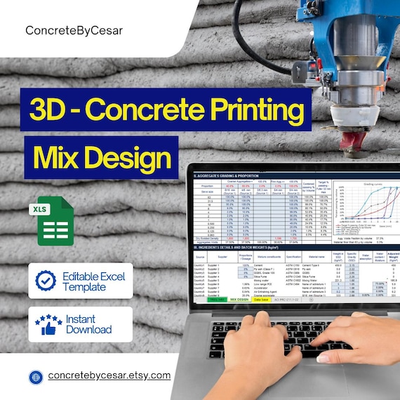 3D Concrete Printing Mix Design Excel Template | Editable Grading Chart, Material Calculator, and Guidebook