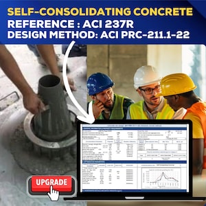 Könnte beinhalten: Ein Laptop-Bildschirm zeigt eine Tabellenkalkulation mit dem Titel "Self-Consolidating Concrete" und dem Text "ACI 237R" und "ACI PRC-211.1-22". Drei Bauarbeiter in Schutzhelmen schauen auf den Bildschirm.
