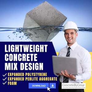 Könnte beinhalten: Werbebild für Leichtbeton-Mischungsdesign. Ein grauer Betonwürfel schwimmt im Wasser. Der Text lautet "LIGHTWEIGHT CONCRETE MIX DESIGN", "EXPANDED POLYSTYRENE", "EXPANDED PERLITE AGGREGATE" und "FOAM". Ein Mann mit Helm hält einen Laptop.