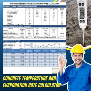 Puede incluir: Un gráfico y una tabla que muestran un calculador de temperatura del concreto y tasa de evaporación. El gráfico muestra una gráfica con una línea que representa la tasa de evaporación. La tabla muestra la fecha, la hora, la temperatura del concreto, la temperatura ambiente, la humedad relativa, la velocidad del viento y la tasa de evaporación máxima. Un hombre con un casco amarillo está dando un pulgar hacia arriba.