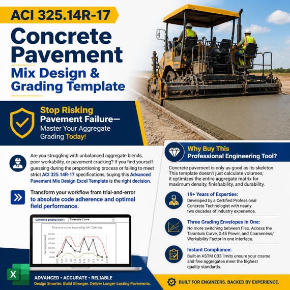 ACI 325.14R-17 Concrete Pavement Mix Design Template – Aggregate Grading Excel Tool (Digital Download)