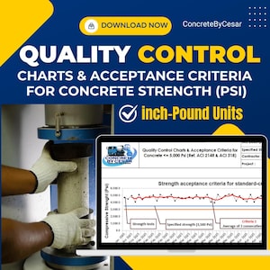 May include: Image showing concrete strength testing equipment and a laptop displaying charts. Text reads "QUALITY CONTROL CHARTS & ACCEPTANCE CRITERIA FOR CONCRETE STRENGTH (PSI) inch-Pound Units". The laptop shows a graph of compressive strength.