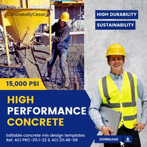 Puede incluir: Un gráfico azul y amarillo con una foto de dos trabajadores de la construcción vertiendo hormigón. El texto dice "ConcreteByCesar", "Alta durabilidad", "Sostenibilidad", "15.000 PSI", "Hormigón de alto rendimiento", "Plantillas de diseño de mezcla de hormigón editables", "Ref. ACI PRC-211.1-22 & ACI 211.4R-08", y "Descargar".