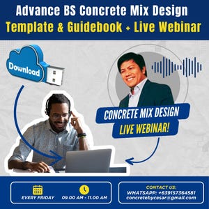 Puede incluir: Un gráfico azul y amarillo con el texto "Advance BS Concrete Mix Design Template & Guidebook + Live Webinar". El gráfico presenta una nube con la palabra "Download" y una unidad USB. Un hombre está sentado frente a una computadora portátil. El gráfico también incluye un icono de calendario con el texto "Every Friday", un icono de reloj con el texto "09:00 AM - 11:00 AM", y un globo de diálogo con el texto "CONCRETE MIX DESIGN LIVE WEBINAR!"  El gráfico también incluye información de contacto para el seminario web.