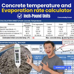 Op de afbeelding: Een digitale calculator voor betontemperatuur en verdampingssnelheid met inch-pond-eenheden. De afbeelding toont een man die naar een digitale thermometer in beton wijst. De calculator toont gegevens voor de temperatuur en verdampingssnelheid van vers beton.