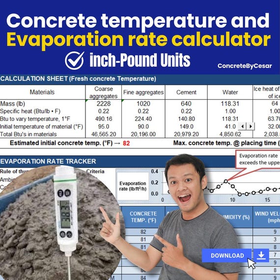 Concrete Temperature and Evaporation rate Calculator (inch-Pound Units)