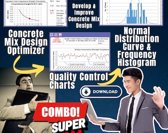 ACI 211.1 Advance Concrete Mix Design Optimizer, Quality Control Charts & Histogram Combo Package