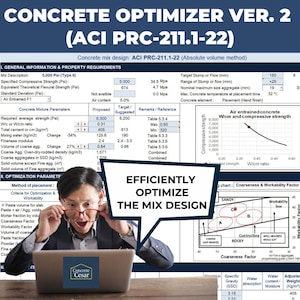 Könnte beinhalten: Ein Mann mit Brille betrachtet einen Laptop, der Daten zur Betonmischungsplanung anzeigt. Das Bild enthält Diagramme, Tabellen und Text zur Betonoptimierung, mit dem Satz "EFFICIENTLY OPTIMIZE THE MIX DESIGN" prominent dargestellt.