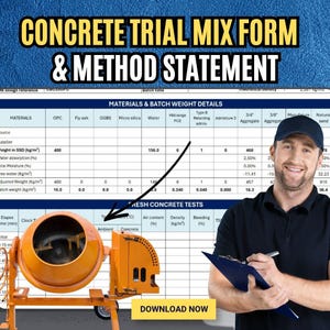 Puede incluir: Un documento digital titulado CONCRETE TRIAL MIX FORM & METHOD STATEMENT que presenta una tabla de materiales y pesos, una tabla de pruebas de hormigón fresco, una hormigonera naranja y un botón DOWNLOAD NOW sobre un fondo azul.