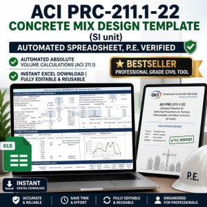 ACI PRC-211.1-22 Szablon projektu mieszanki betonowej (jednostki SI), zautomatyzowany arkusz kalkulacyjny, zweryfikowany przez P.E.